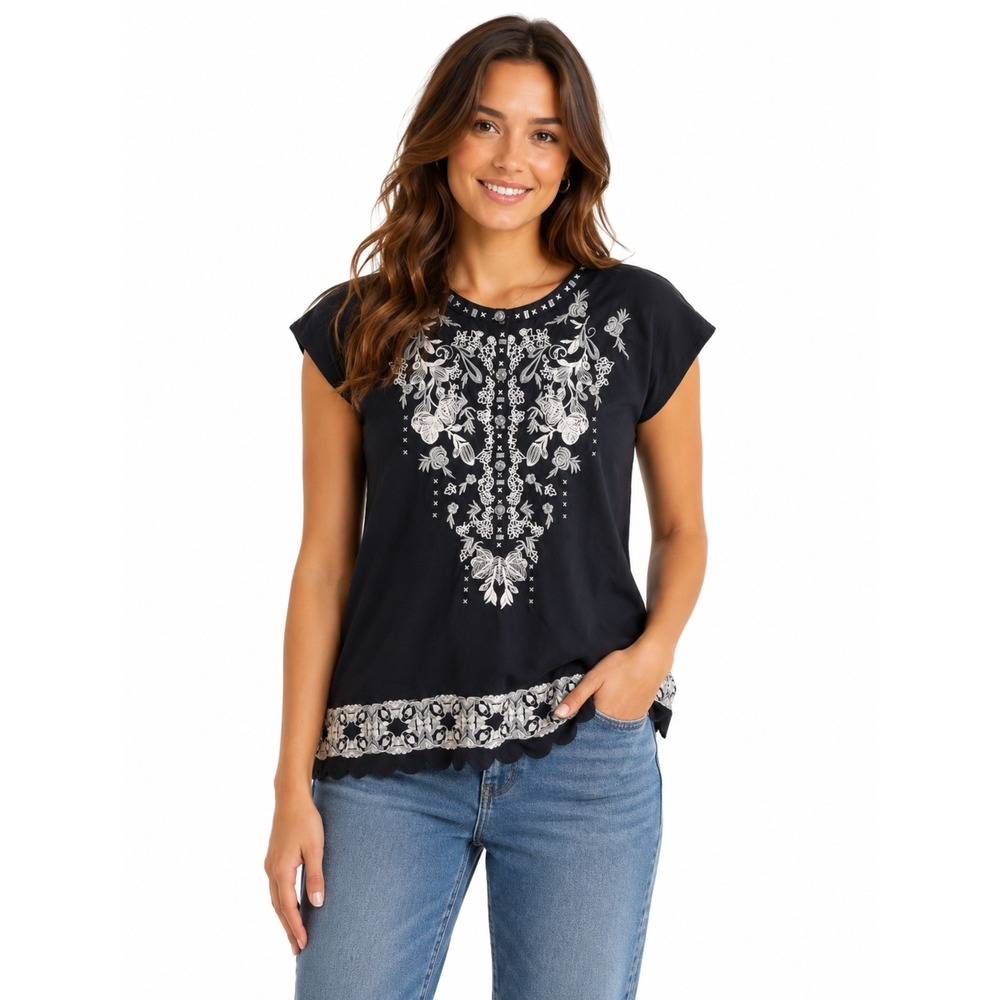 Faith & Zoe Navy White Embroidered Scalloped Hem Short Sleeve Blouse Small